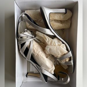 White House Black Market, silver dress heels, sandals, size US9. Pre-owned.